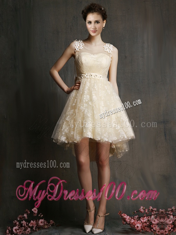 See Through Scoop Champagne Bridesmaid Dress with Hand Made Flowers and Bowknot