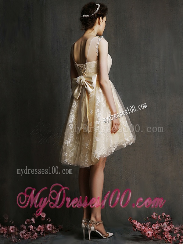 See Through Scoop Champagne Bridesmaid Dress with Hand Made Flowers and Bowknot