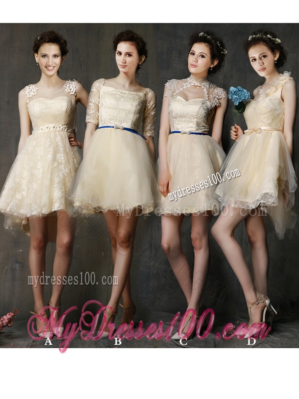 See Through Scoop Champagne Bridesmaid Dress with Hand Made Flowers and Bowknot