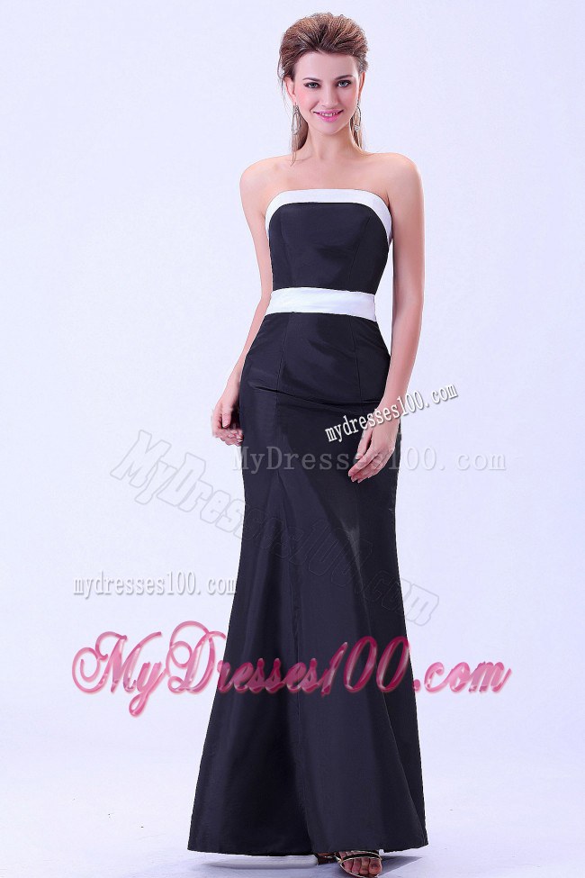 Black Satin Strapless Bridesmaid Dress With White Belt Ankle-length