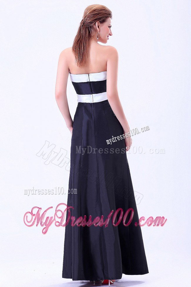 Black Satin Strapless Bridesmaid Dress With White Belt Ankle-length