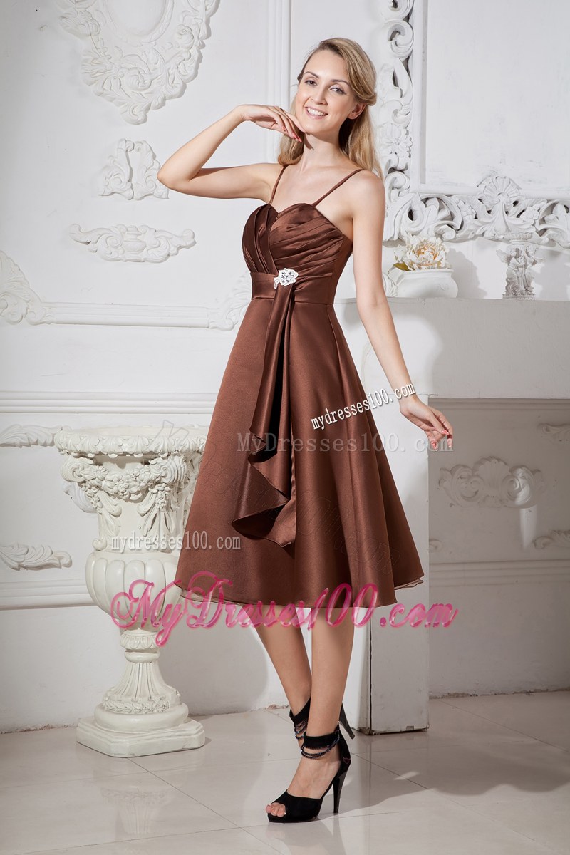 Spaghetti Straps Brown A-line Bridemaid Dress Beading and Ruching