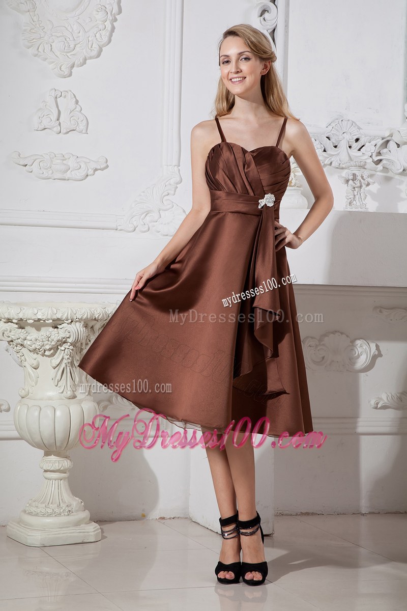 Spaghetti Straps Brown A-line Bridemaid Dress Beading and Ruching