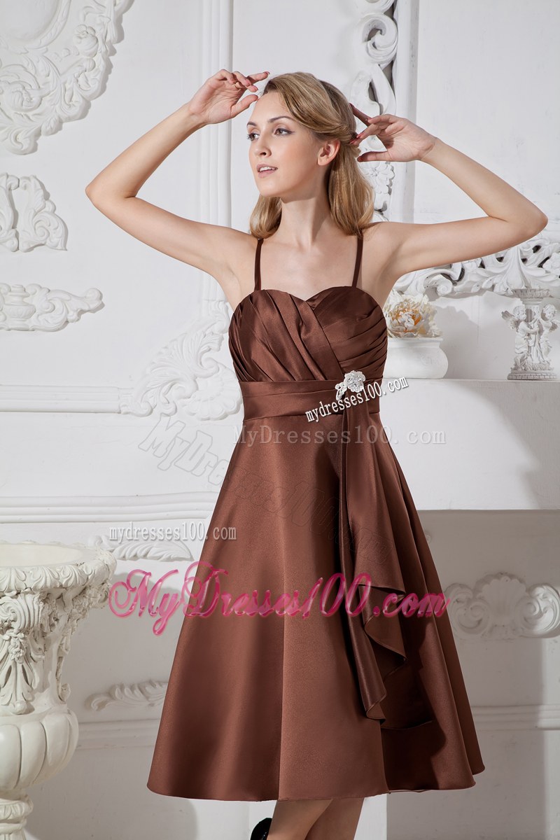 Spaghetti Straps Brown A-line Bridemaid Dress Beading and Ruching