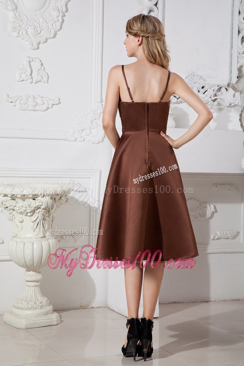 Spaghetti Straps Brown A-line Bridemaid Dress Beading and Ruching