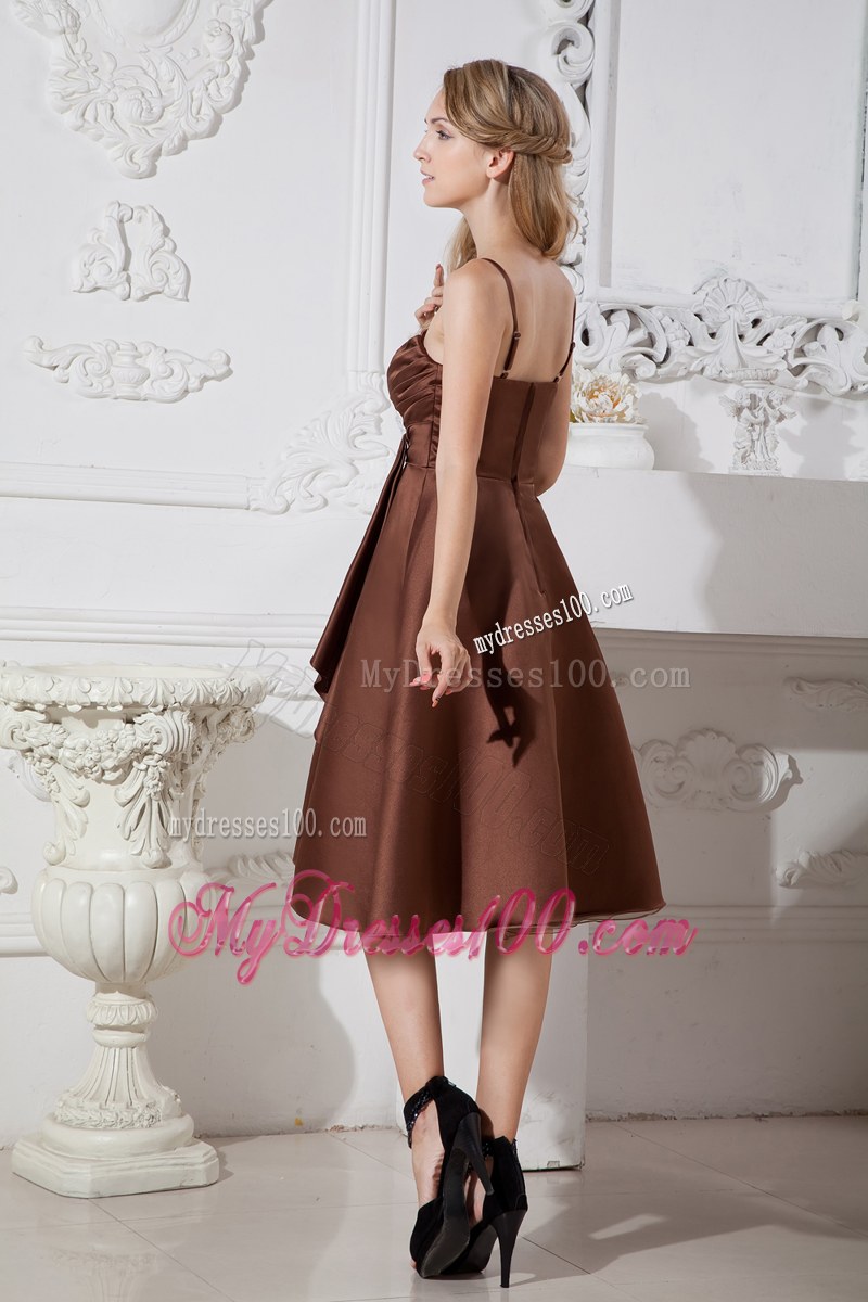 Spaghetti Straps Brown A-line Bridemaid Dress Beading and Ruching