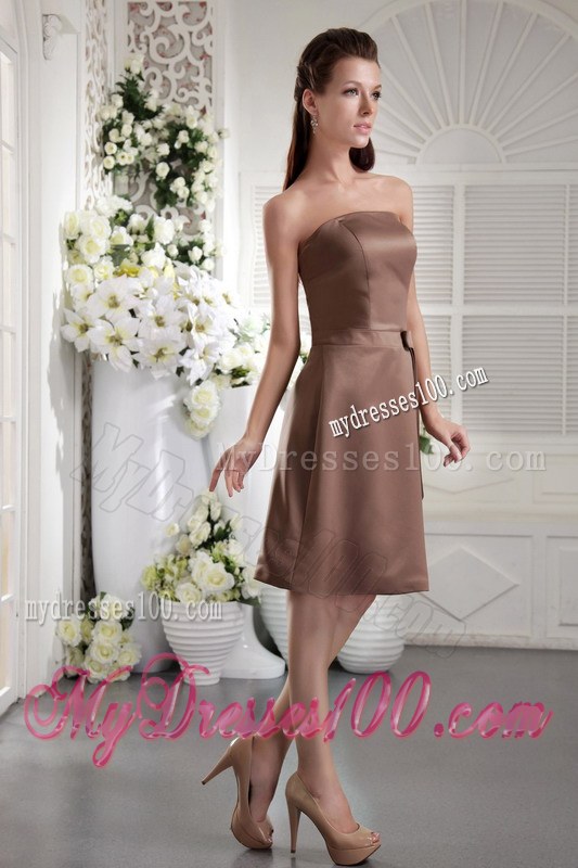 Empire Strapless Brown Bridesmaid Dress Knee-length Satin Bow