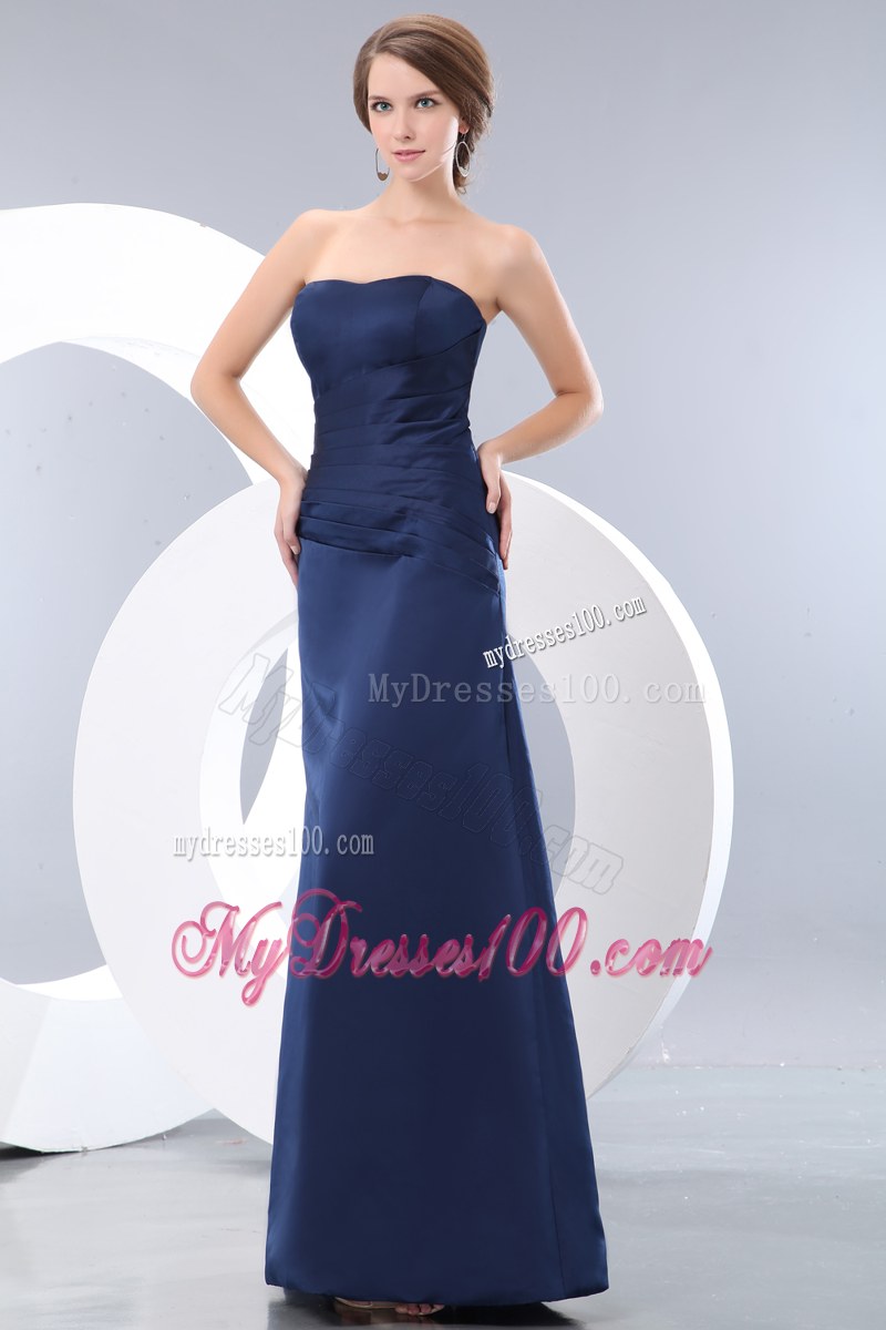 Navy Blue Strapless Ruching Bridesmaid Dress Column Floor-length Satin