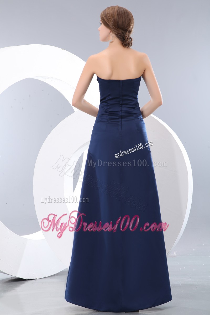 Navy Blue Strapless Ruching Bridesmaid Dress Column Floor-length Satin