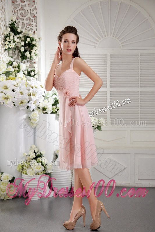 Baby Pink A-Line Straps Bridesmaid Dress Tea-length Chiffon Hand Flower