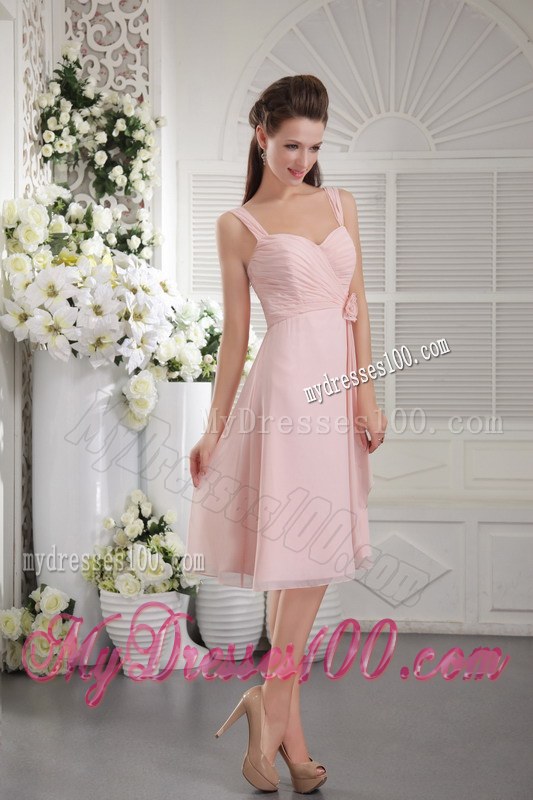 Baby Pink A-Line Straps Bridesmaid Dress Tea-length Chiffon Hand Flower