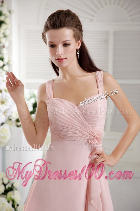 Baby Pink A-Line Straps Bridesmaid Dress Tea-length Chiffon Hand Flower