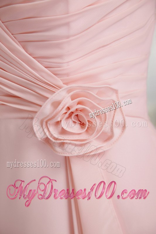 Baby Pink A-Line Straps Bridesmaid Dress Tea-length Chiffon Hand Flower