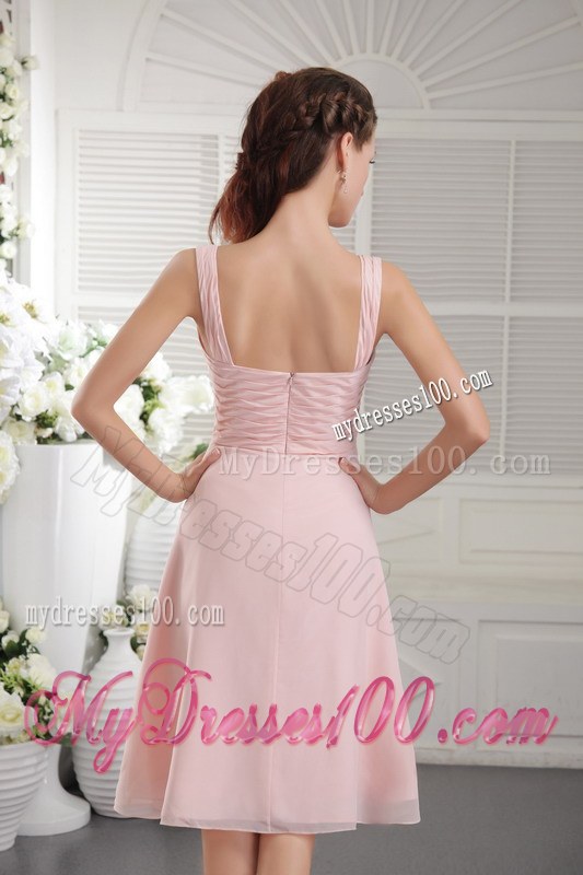 Baby Pink A-Line Straps Bridesmaid Dress Tea-length Chiffon Hand Flower