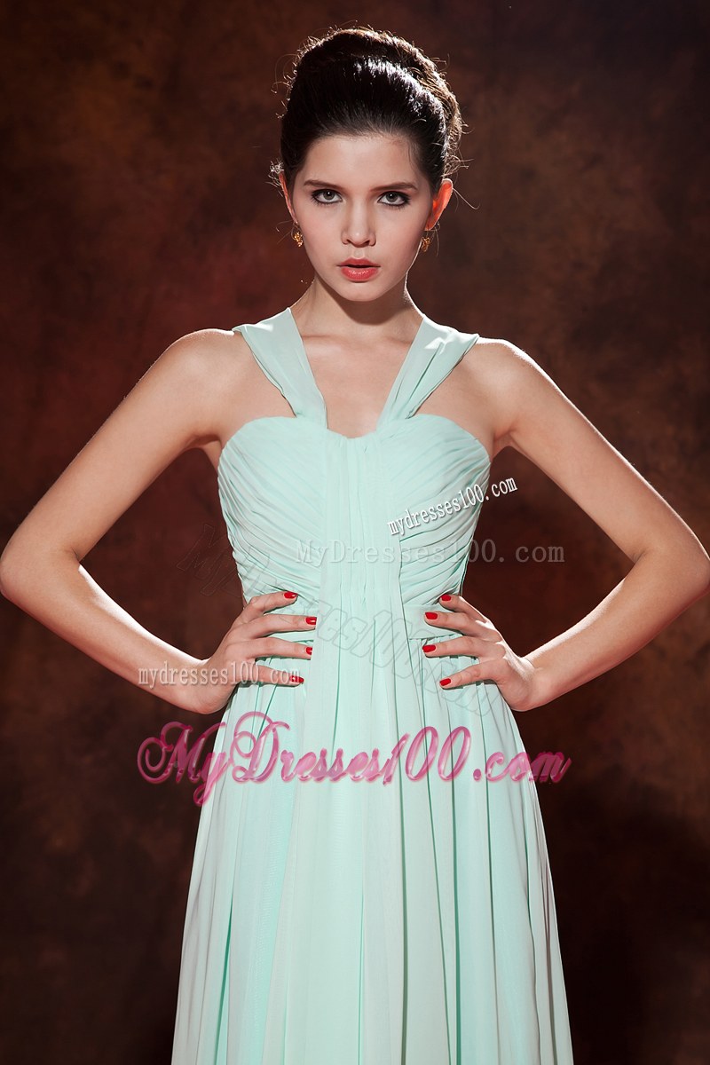 Ruching Apple Green Bridesmaid Dress Straps Chiffon Empire Floor-length