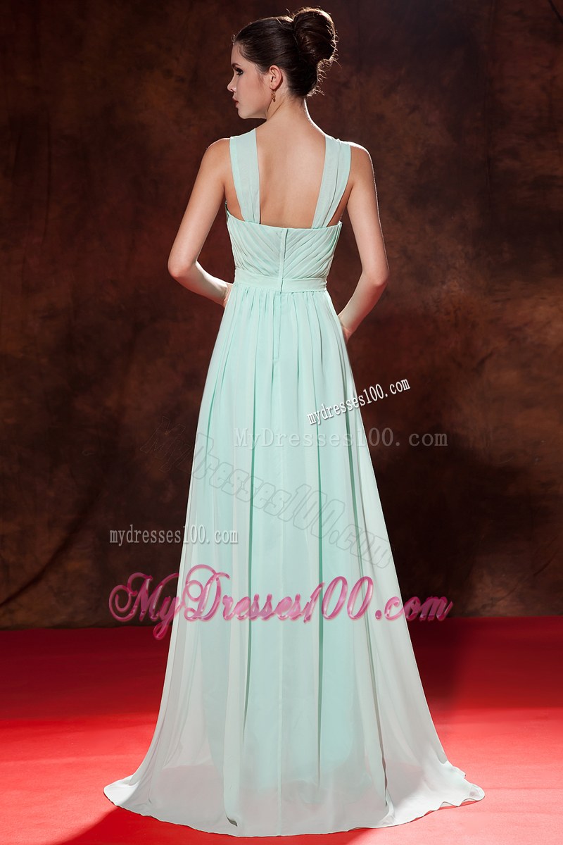 Ruching Apple Green Bridesmaid Dress Straps Chiffon Empire Floor-length
