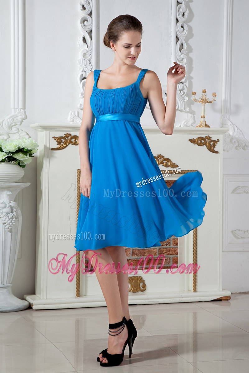 Straps Teal Empire Bridesmaid Dress Knee-length Chiffon Ruching