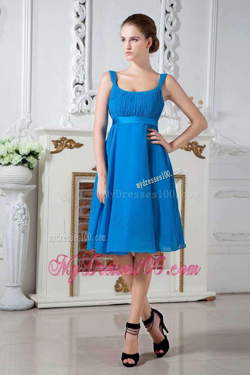 Straps Teal Empire Bridesmaid Dress Knee-length Chiffon Ruching