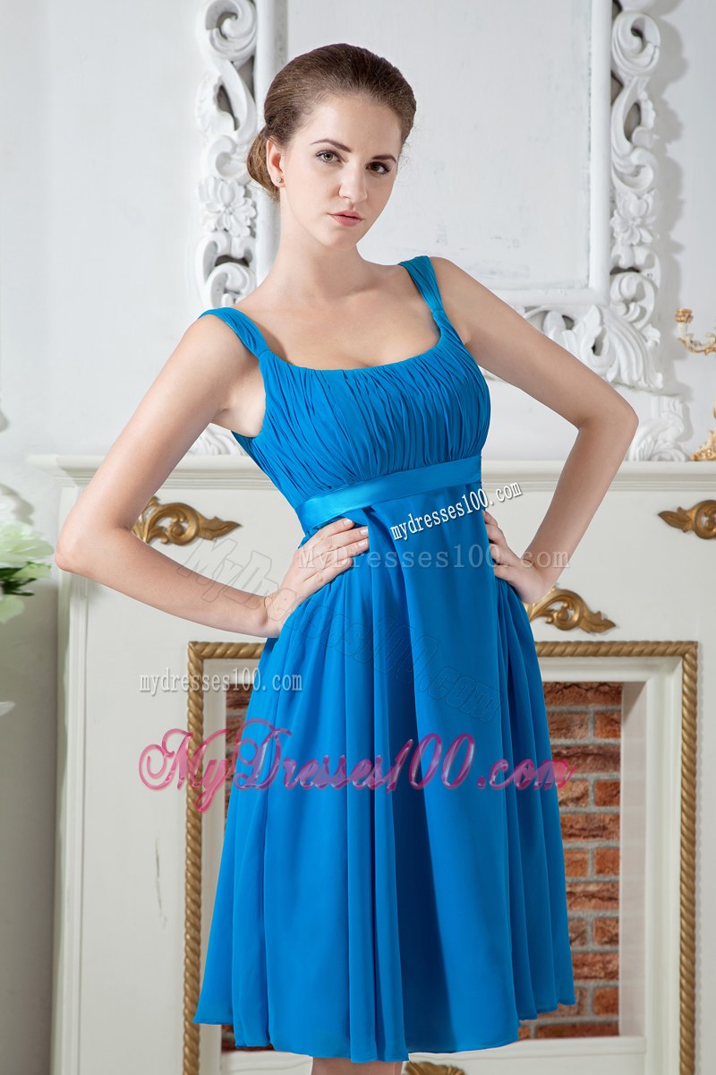 Straps Teal Empire Bridesmaid Dress Knee-length Chiffon Ruching