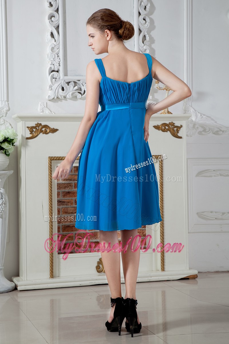 Straps Teal Empire Bridesmaid Dress Knee-length Chiffon Ruching