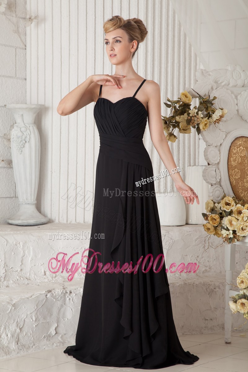 Black Empire Straps Ruching Bridesmaid Dress Floor-length Chiffon