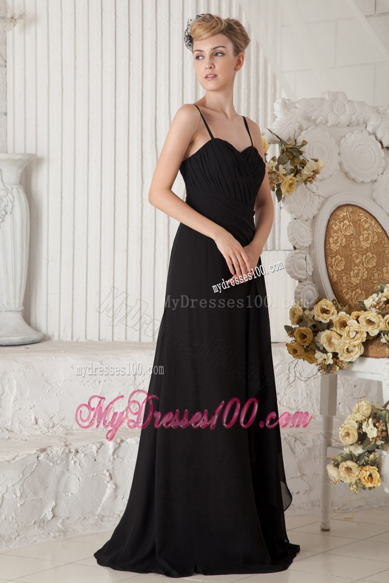 Black Empire Straps Ruching Bridesmaid Dress Floor-length Chiffon