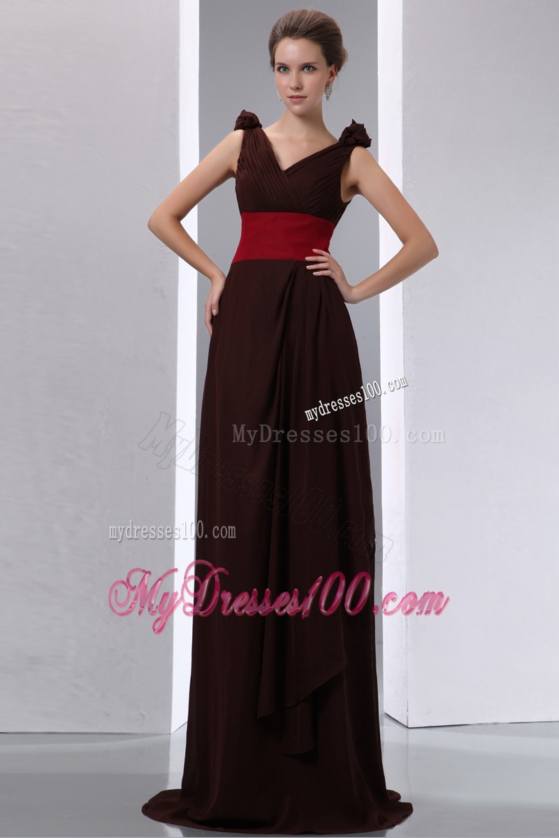 Ruching Brown Column V-neck Red Sash Bridesmaid Dress Brush Train