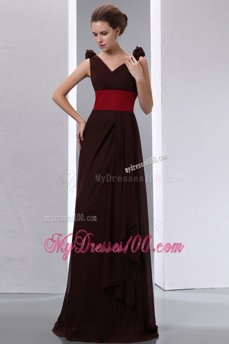 Ruching Brown Column V-neck Red Sash Bridesmaid Dress Brush Train
