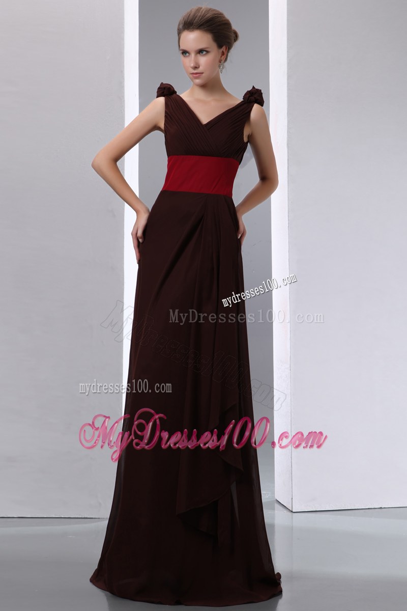Ruching Brown Column V-neck Red Sash Bridesmaid Dress Brush Train