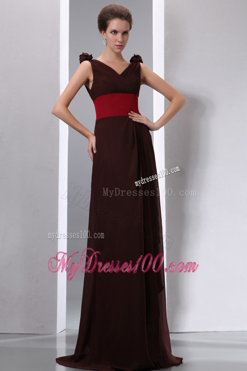 Ruching Brown Column V-neck Red Sash Bridesmaid Dress Brush Train