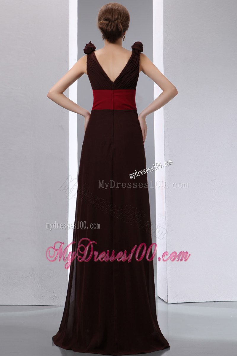 Ruching Brown Column V-neck Red Sash Bridesmaid Dress Brush Train