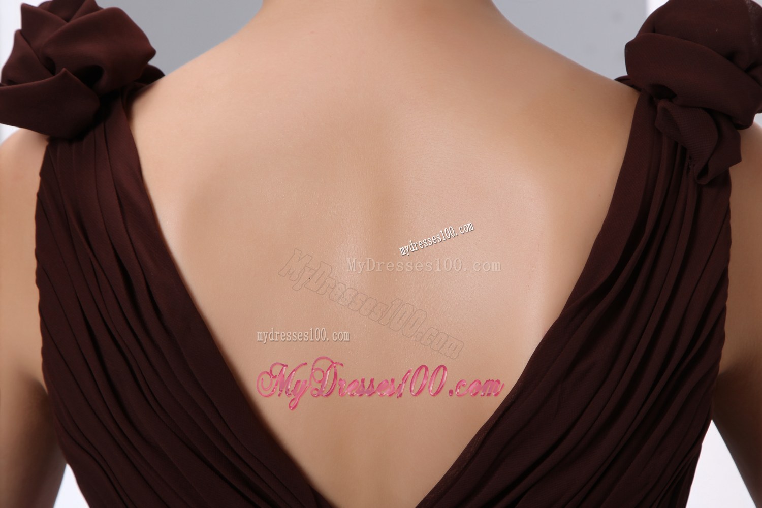 Ruching Brown Column V-neck Red Sash Bridesmaid Dress Brush Train