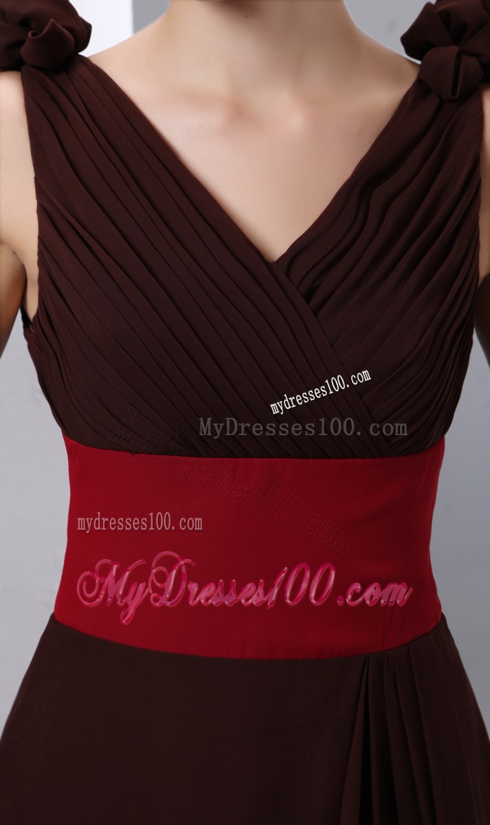 Ruching Brown Column V-neck Red Sash Bridesmaid Dress Brush Train