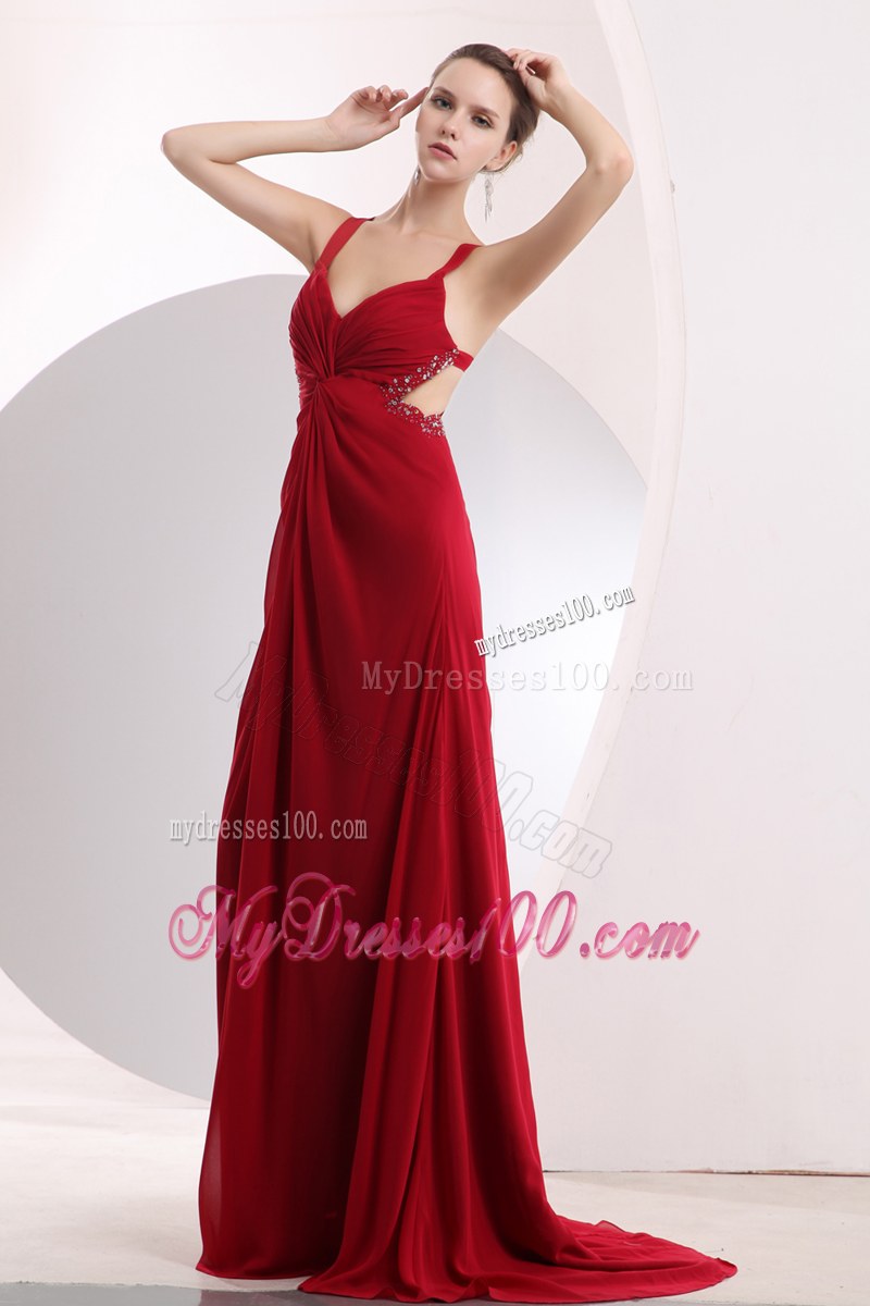 Beading with Ruche Wine Red Empire Straps Bridesmaid Dresses Brush Train