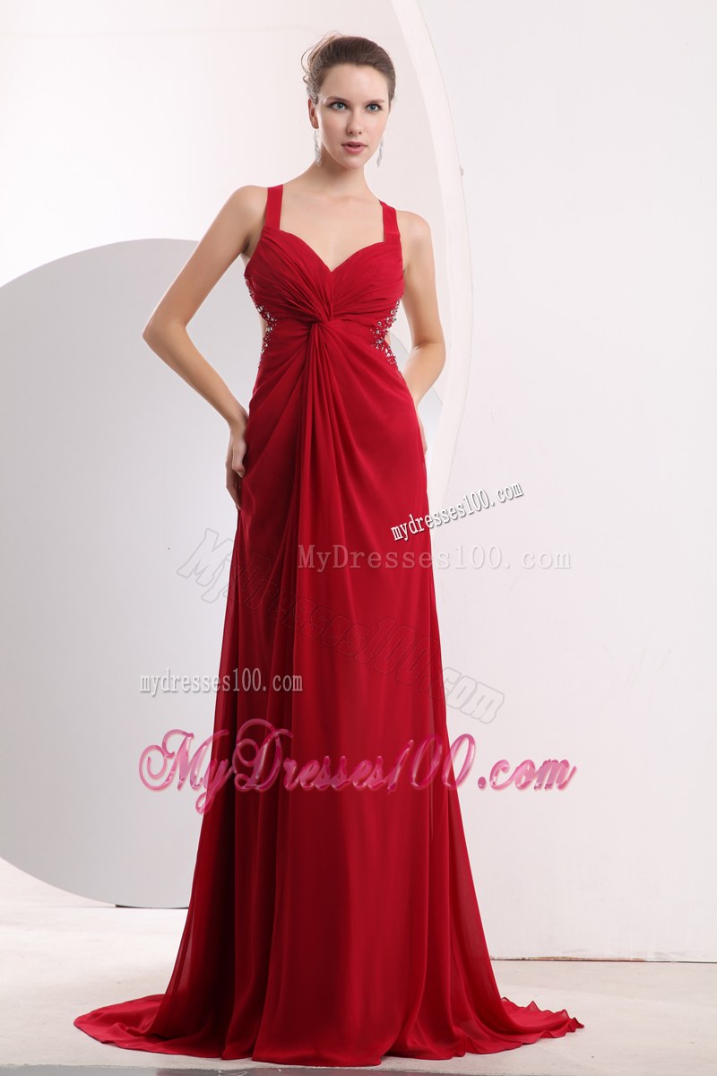 Beading with Ruche Wine Red Empire Straps Bridesmaid Dresses Brush Train