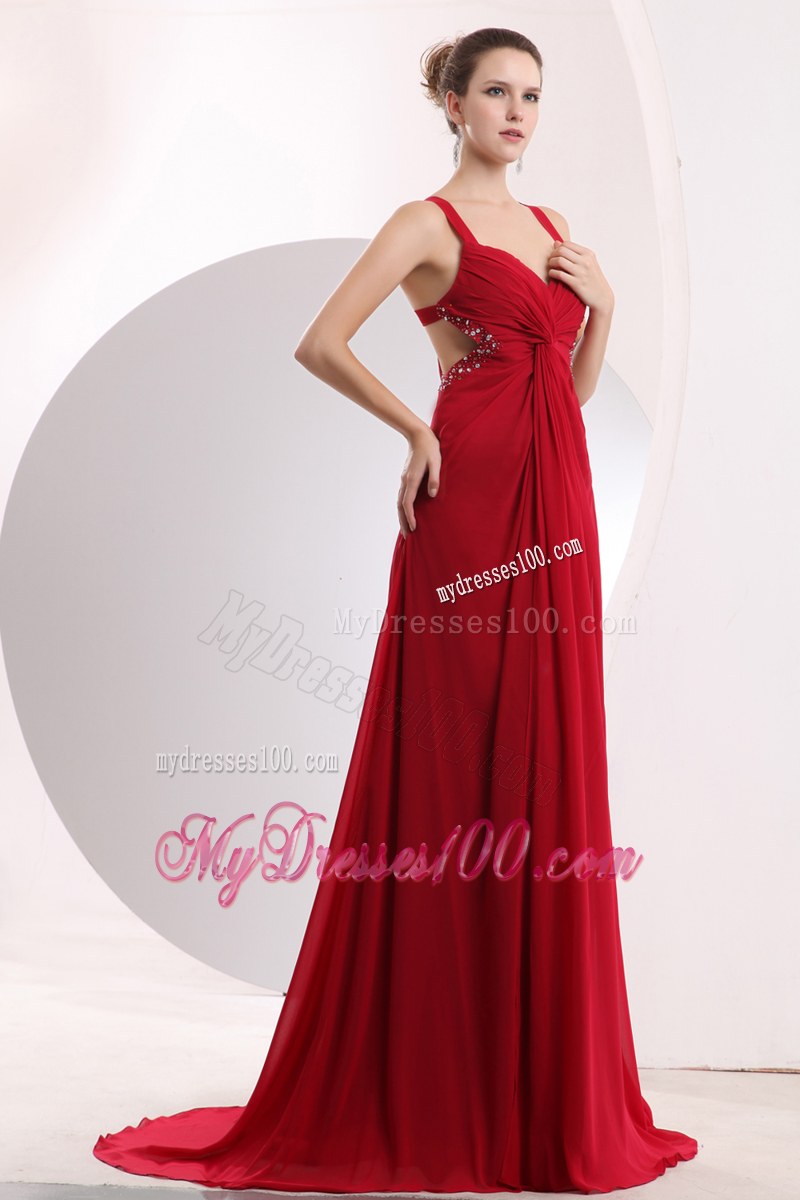 Beading with Ruche Wine Red Empire Straps Bridesmaid Dresses Brush Train