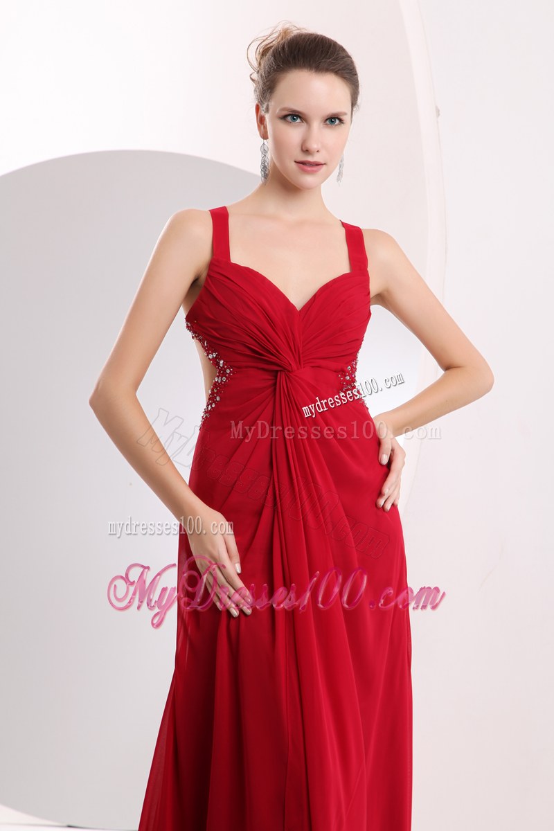 Beading with Ruche Wine Red Empire Straps Bridesmaid Dresses Brush Train