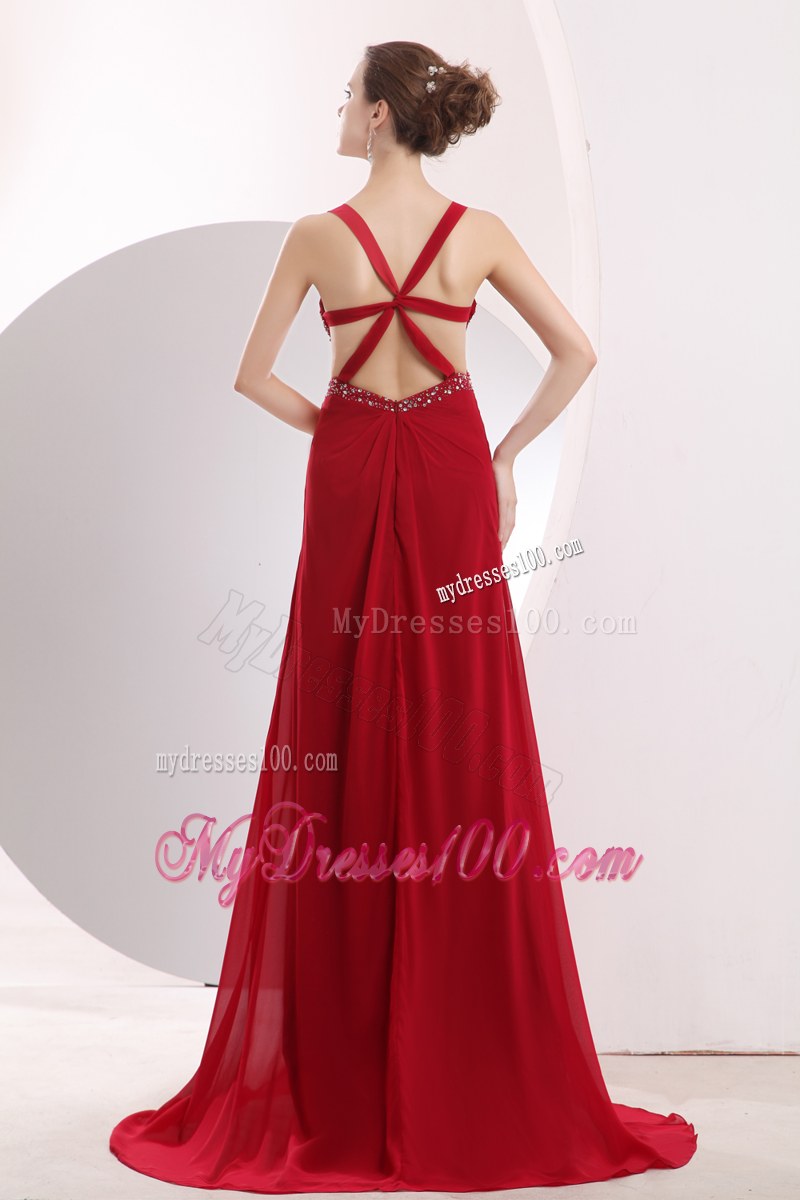 Beading with Ruche Wine Red Empire Straps Bridesmaid Dresses Brush Train