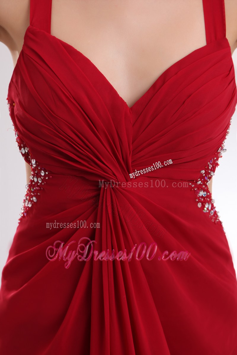 Beading with Ruche Wine Red Empire Straps Bridesmaid Dresses Brush Train