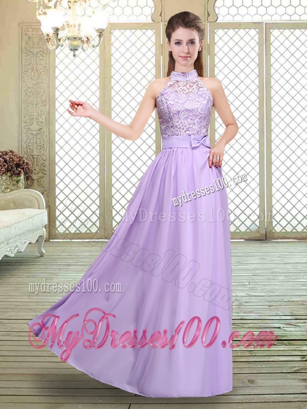 Sweet High Neck Lace Lavender Bridesmaid Dresses