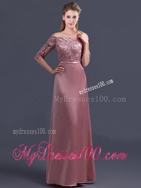 Sweet Off the Shoulder Half Sleeves Bridesmaid Dress with Lace and Belt