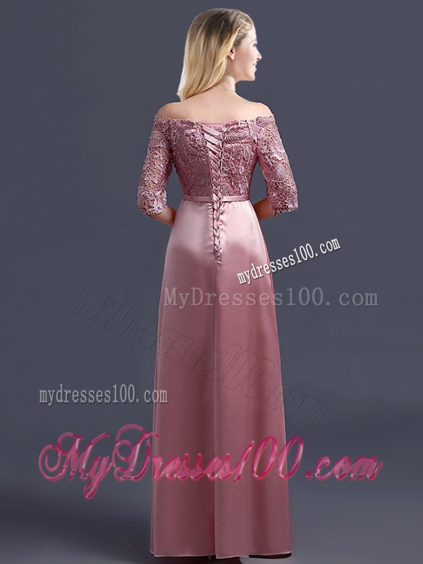 Sweet Off the Shoulder Half Sleeves Bridesmaid Dress with Lace and Belt