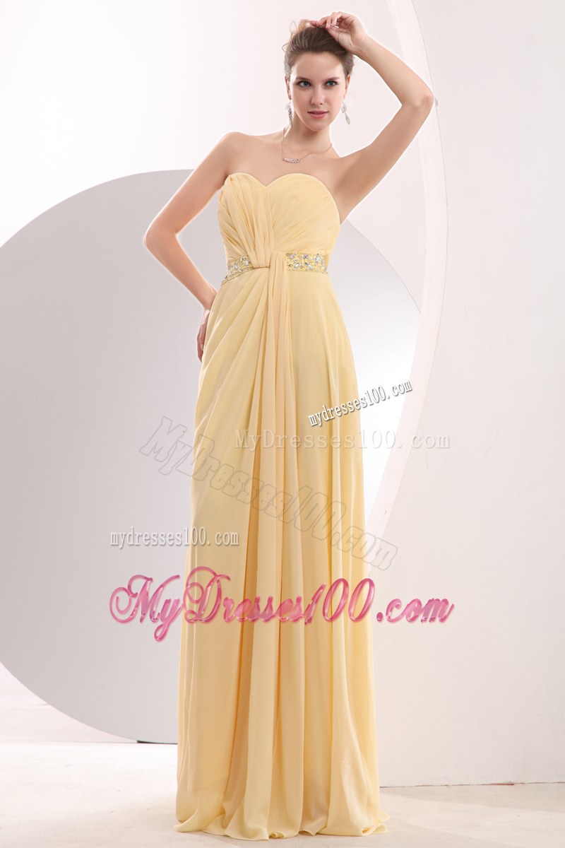 Ruche Light Yellow Bridesmaid Dresses Beading Sweetheart with Brush Train