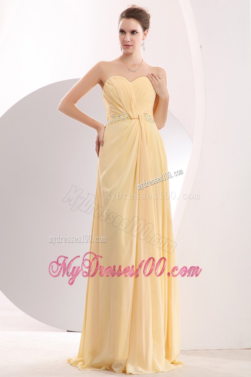 Ruche Light Yellow Bridesmaid Dresses Beading Sweetheart with Brush Train