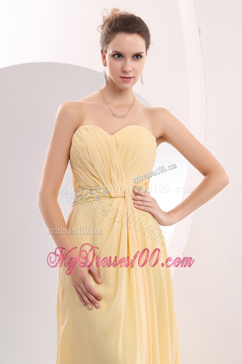 Ruche Light Yellow Bridesmaid Dresses Beading Sweetheart with Brush Train