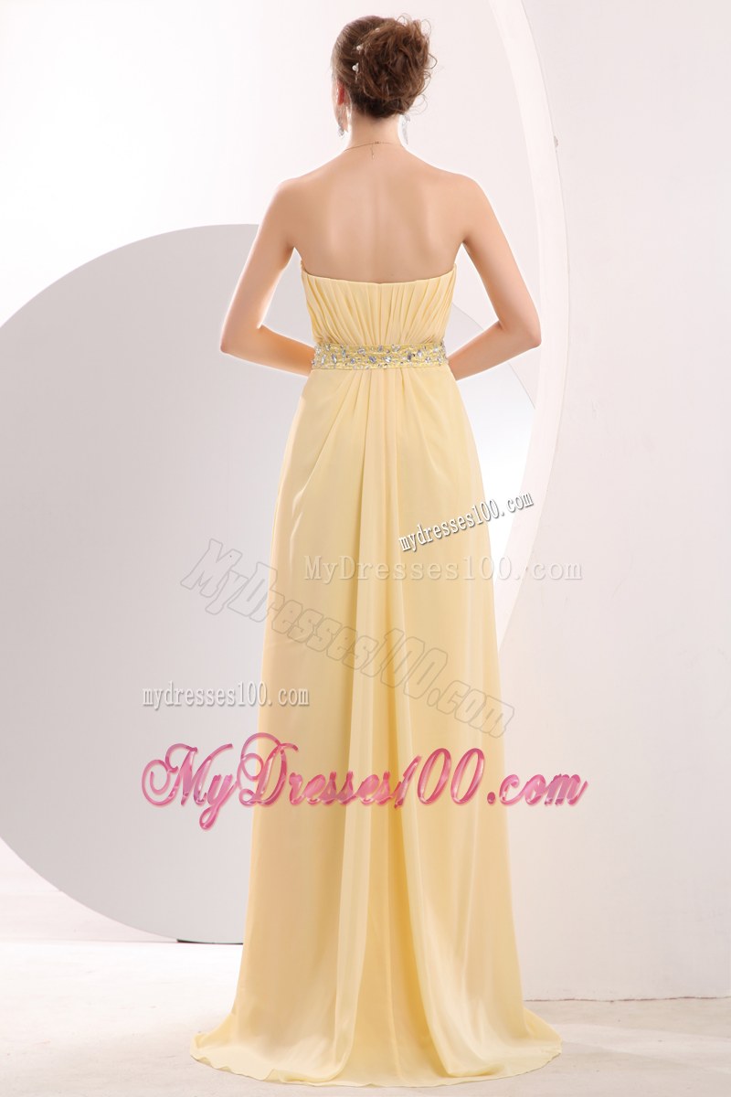 Ruche Light Yellow Bridesmaid Dresses Beading Sweetheart with Brush Train