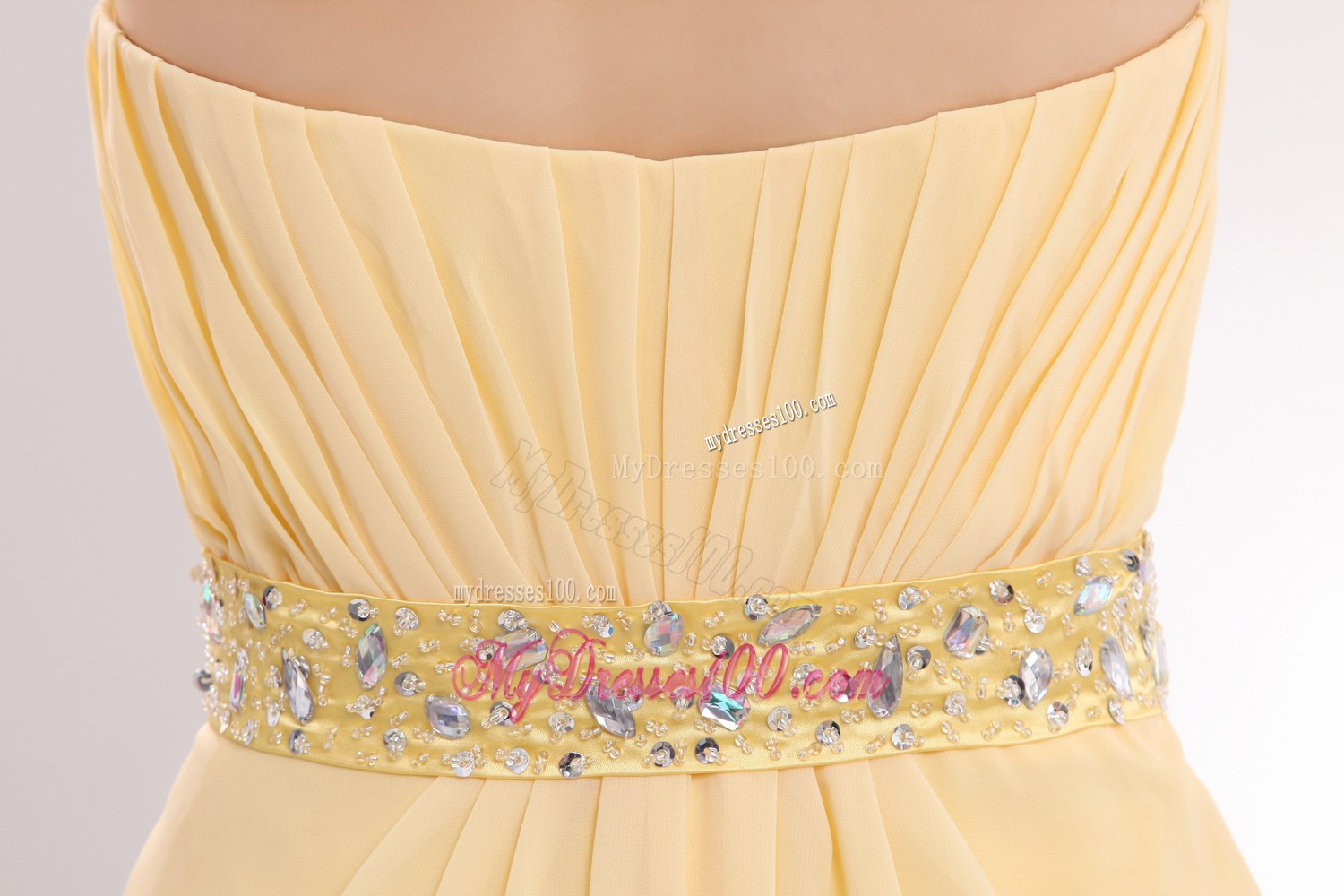 Ruche Light Yellow Bridesmaid Dresses Beading Sweetheart with Brush Train