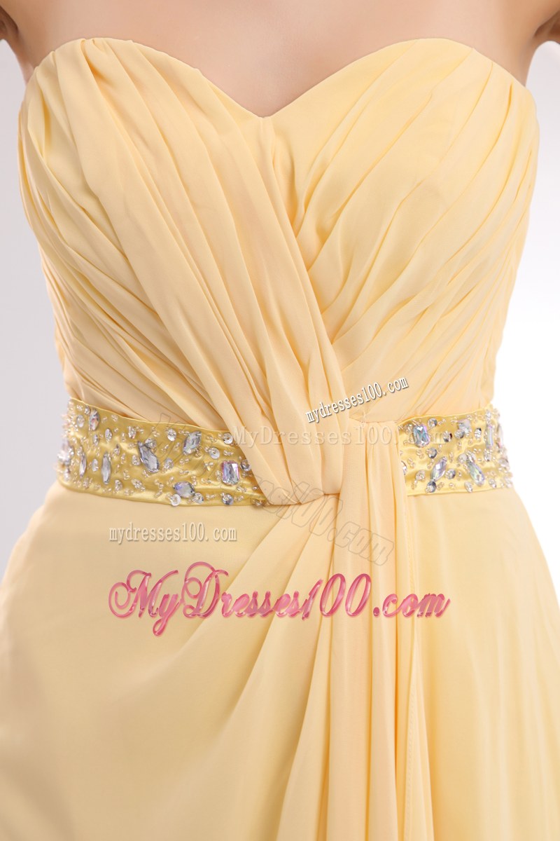 Ruche Light Yellow Bridesmaid Dresses Beading Sweetheart with Brush Train