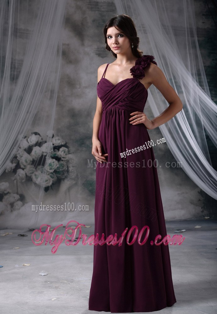 Hand Flowers Straps Dark Purple Bridesmaid Dresses Chiffon Column
