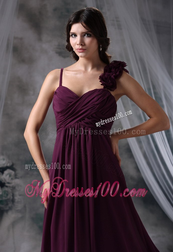 Hand Flowers Straps Dark Purple Bridesmaid Dresses Chiffon Column